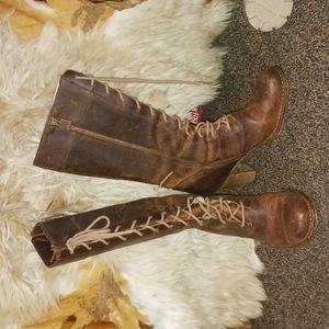 Womens Vintage Frye Villager Lace Up Knee High Side Zip Brown Leather Heel Boots